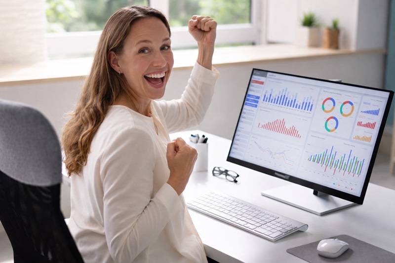 Hotelmitarbeiterin jubelt vor einem Analyse-Dashboard über bessere KI-Sichtbarkeit und mehr Anfragen