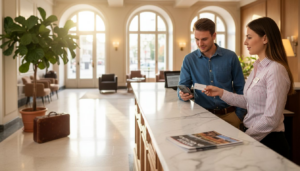 Empfangsmitarbeiter im Hotel beim digitalen Check-in eines Gastes