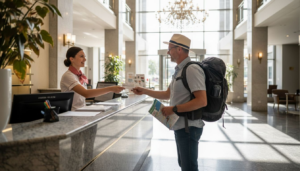 Die Rezeptionistin begrüßt einen neu ankommenden Hotelgast und steht ihm bei Fragen zur Verfügung.