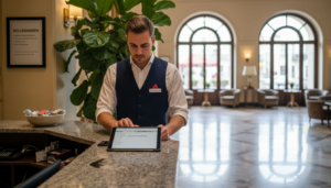 Ein Mitarbeiter an der Hotelrezeption prüft eine App auf seinem Smartphone.