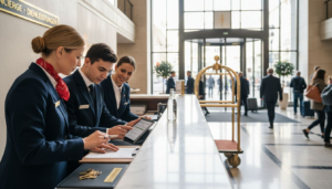 Das Hotelteam stimmt sich am belebten Empfangstresen ab und plant gemeinsam die nächsten Schritte.