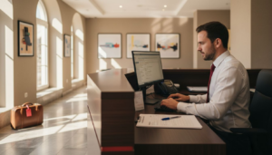 Die Empfangskraft im Hotel prüft die Buchung am Computer.