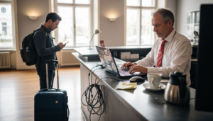 Am Empfang nutzt der Rezeptionist eine cloudbasierte Software direkt am Tresen.