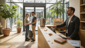 Der Hoteldirektor empfängt die Gäste in der umweltfreundlich gestalteten Lobby.