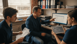 Das Hotelpersonal organisiert und steuert digitale Arbeitsabläufe direkt im Büro.