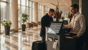 Ein Hotelgast checkt bequem über einen Selbstbedienungsautomaten ein.