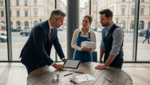 Der Hoteldirektor stellt dem Team in der Lobby das neue Outsourcing-Konzept vor.