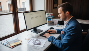 Der Concierge beantwortet die Nachricht eines Gastes direkt am Empfangstresen.