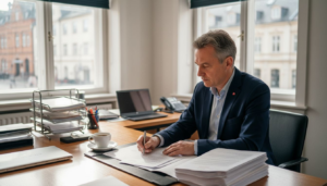 Ein Hoteldirektor überprüft im Büro seine Aufgabenliste.