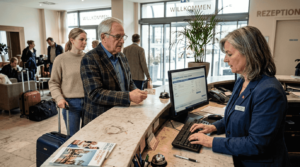 An der Hotelrezeption melden sich gerade neue Gäste an.