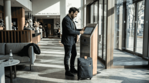 Ein Hotelgast checkt bequem über einen digitalen Self-Check-in-Automaten in der Hotellobby ein.