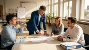 Der Hoteldirektor bespricht gemeinsam mit dem Team die Arbeitsabläufe.