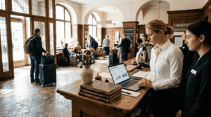 Das Hotelteam wirft gemeinsam am Empfang einen Blick auf das aktuelle Bewertungsdashboard.