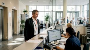 Der Hoteldirektor steht gemeinsam mit seinem Team an der Rezeption und nutzt moderne Technologien, um den Gästen einen reibungslosen Service zu bieten.
