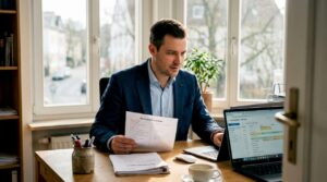 Der Hoteldirektor verschafft sich am Empfang einen Überblick über die Abläufe.