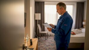 Ein Hotelmitarbeiter überprüft das IoT-System bequem mit einem Tablet.