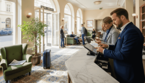 In der stilvoll gestalteten Hotellobby kümmern sich freundliche Mitarbeiter aufmerksam um die Anliegen der Gäste.