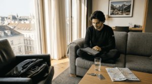 Ein Hotelgast entspannt sich im zeitgemäß eingerichteten Zimmer und bedient dabei ein Tablet.