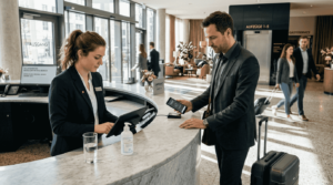Die Rezeptionistin prüft den NFC-Check-in des Gastes.