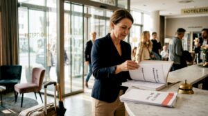 Ein Hotelmanager überprüft am Empfang die aktuellen Sicherheitsunterlagen.