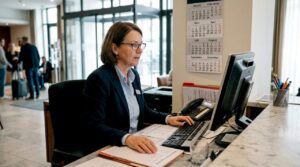 An der Rezeption trägt ein Hotelmitarbeiter die Gästedaten in den Computer ein.