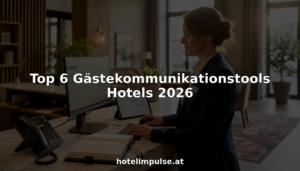 Der Hotelmanager nutzt am Empfang ein digitales Gästetool, um den Check-in effizienter zu gestalten.