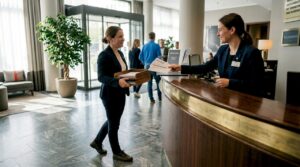 Zwei Hotelmitarbeiter stimmen sich in der Lobby ab und arbeiten gemeinsam an einer Aufgabe.