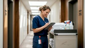 Die Hausdame überprüft auf dem Hotelflur die Reinigungspläne auf ihrem Tablet.