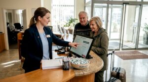 Eine freundliche Mitarbeiterin an der Rezeption begrüßt die Gäste und unterstützt sie beim Check-in.