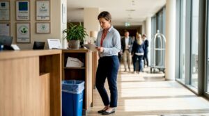 Hoteldirektor prüft die Einhaltung nachhaltiger Servicestandards