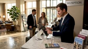 Ein Concierge sorgt dafür, dass die Musik in der Hotellobby zur Stimmung passt, und passt die Lautstärke sowie die Auswahl der Songs dezent an.