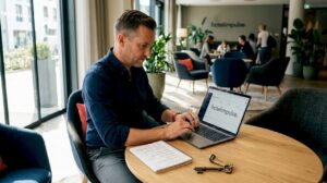 Ein Hotelmanager sitzt in der Hotellobby und analysiert Geschäftszahlen auf seinem Laptop.