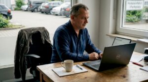 Ein Hoteldirektor verschafft sich am Laptop einen Überblick über die aktuellen Gästebewertungen.