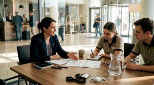 Der Hoteldirektor bespricht sich gemeinsam mit seinem Team im Büro.