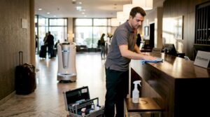Während das Hotelpersonal die Zimmer reinigt, unterstützt ein UV-C-Roboter in unmittelbarer Nähe bei der Desinfektion.
