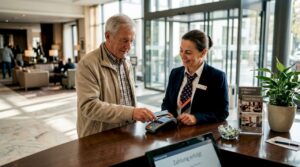 Ein Hotelgast bezahlt bequem und kontaktlos an der Rezeption.