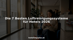 Ein Hotelgast entspannt sich in der Lobby neben einem modernen Luftreiniger.