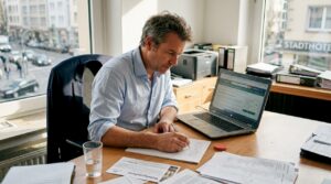 Ein Hoteldirektor verschafft sich am Schreibtisch einen Überblick über die Gästebewertungen.