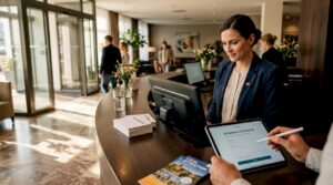 Ein Hotelgast teilt seine Meinung direkt an der Rezeption mit.