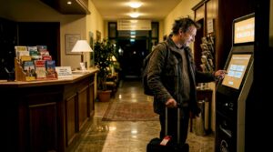Ein Hotelgast checkt bequem am Self-Check-in-Terminal in der Lobby ein.