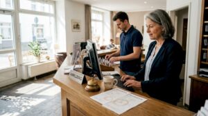 Die Hotelmanagerin und ihr Team kümmern sich an der Rezeption um die Anliegen der Gäste.