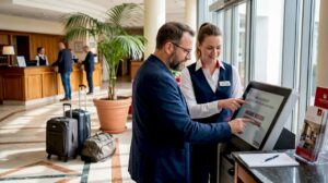Der Hoteldirektor steht einem Gast bei der Nutzung des digitalen Check-in-Terminals hilfreich zur Seite.