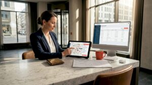 Der Hoteldirektor nutzt ein digitales Gästetablet mit interaktiver Hotelkarte.