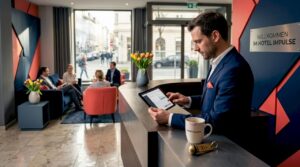 Ein Concierge begrüßt die Gäste mit einem Tablet in der lichtdurchfluteten Hotellobby.