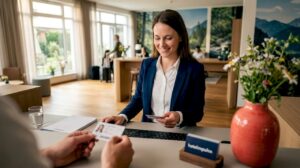 Empfangsmitarbeiterin begrüßt Gäste in der nachhaltig gestalteten Hotellobby
