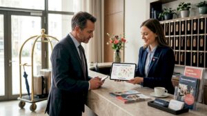 Eine Empfangsmitarbeiterin präsentiert unseren Gästen das digitale Service-Tablet.