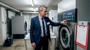 Ein Hoteldirektor steuert die Abläufe in der hauseigenen Wäscherei mithilfe eines modernen Automatisierungssystems.