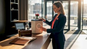 Am Empfang sorgt eine Mitarbeiterin mit einem Luftreiniger für frische Luft am Hoteltresen.