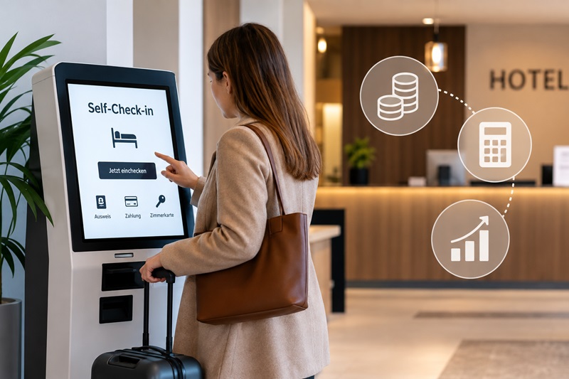 Alt-Text: Self-Check-in-Terminal im Hotel mit Darstellung von Kosten und Wirtschaftlichkeit