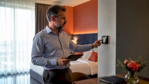 Der Hoteldirektor testet das neue Smart-Bedienfeld im Gästezimmer.
